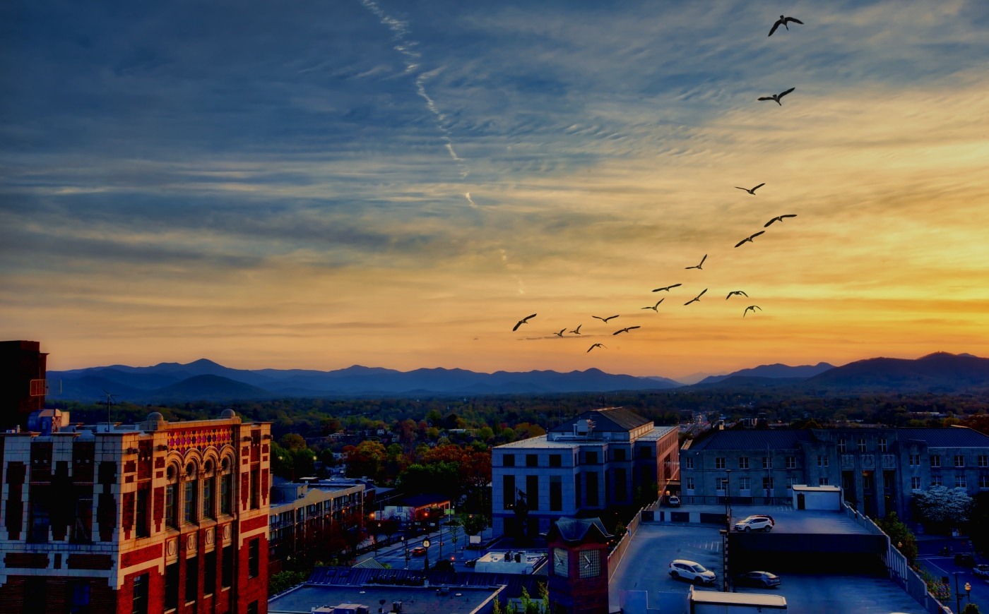 Aerial view of Asheville at sunset