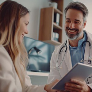 Doctor and patient smiling during consultation