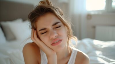 Woman dealing with intense jaw pain.