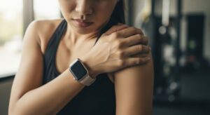 Woman holding her shoulder, concerned about torn rotator cuff