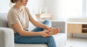 Woman with plantar fasciitis holding her foot 